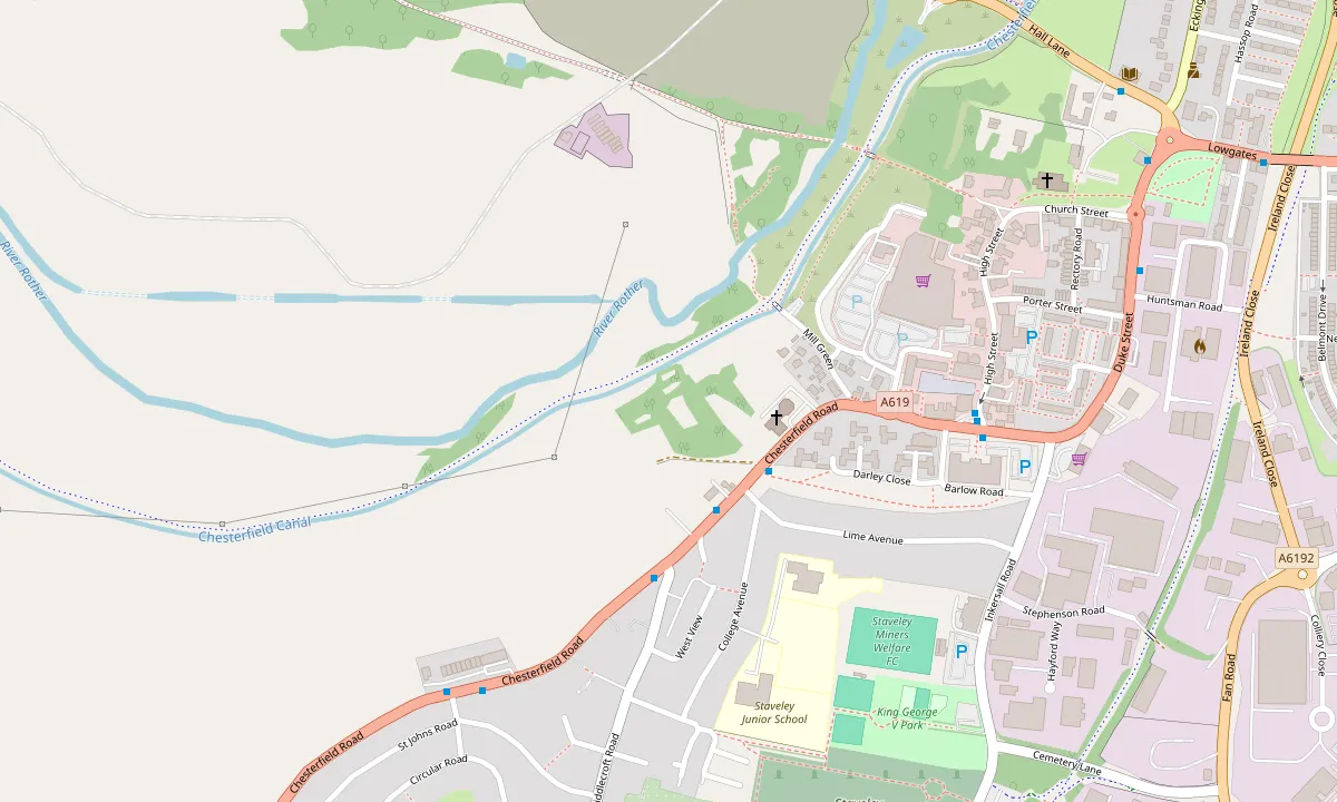 Map showing Staveley Methodist Church on Chesterfield Road, Staveley